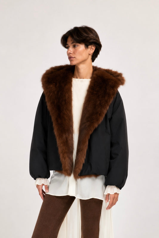 Manteau noir fausse fourrure
